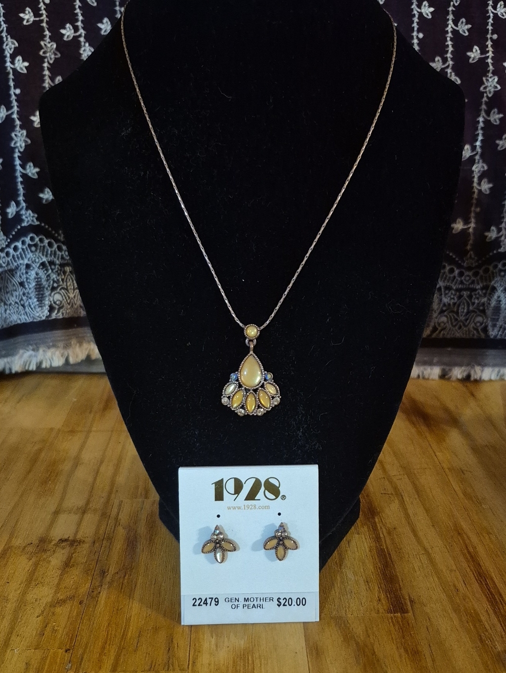 1928 Gold-Tone Necklace and Matching Yellow Cabochon Earrings